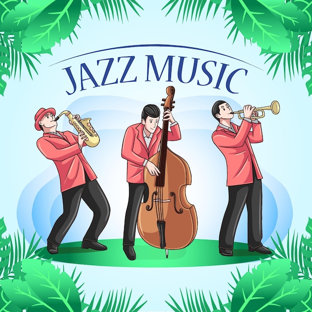 Vector jazzillustratie met ontwerp van de jazzmuziekspeler en tropische bladeren