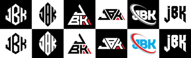 JBK letter logo design in six style JBK polygon circle triangle hexagon flat and simple style with black and white color variation letter logo set in one artboard JBK minimalist and classic logo