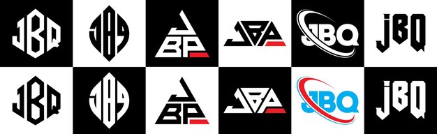 Vettore design del logo della lettera jbq in sei stili jbq poligono cerchio triangolo esagono stile piatto e semplice con logo della lettera con variazione di colore bianco e nero impostato su una tavola da disegno logo jbq minimalista e classico