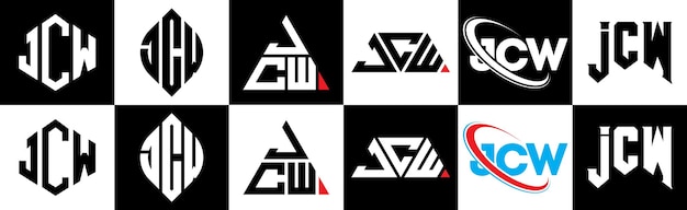 JCW letterlogo-ontwerp in zes stijlen JCW veelhoek cirkel driehoek zeshoek platte en eenvoudige stijl met zwart-witte kleurvariatie letterlogo in één tekengebied JCW minimalistisch en klassiek logo