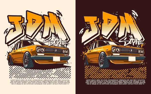 JDM 汽車T恤設計,上面有文字,使用黑色背景和白色背景