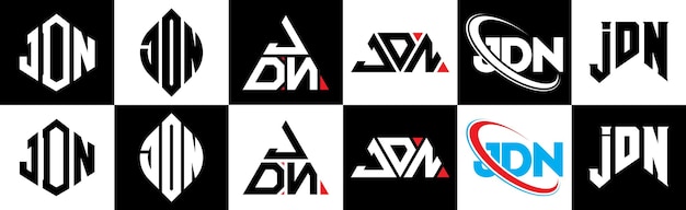 JDN letter logo design in six style JDN polygon circle triangle hexagon flat and simple style with black and white color variation letter logo set in one artboard JDN minimalist and classic logo