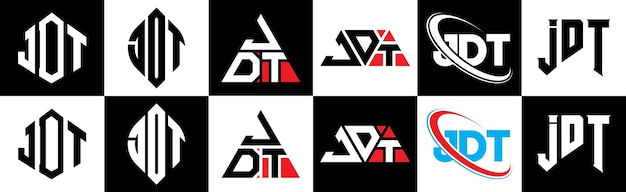 Vettore design del logo della lettera jdt in sei stili poligono jdt cerchio triangolo esagono stile piatto e semplice con logo della lettera con variazione di colore bianco e nero impostato in una tavola da disegno logo jdt minimalista e classico