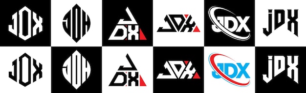 JDX letterlogo-ontwerp in zes stijlen JDX veelhoek cirkel driehoek zeshoek platte en eenvoudige stijl met zwart-witte kleurvariatie letterlogo in één tekengebied JDX minimalistisch en klassiek logo