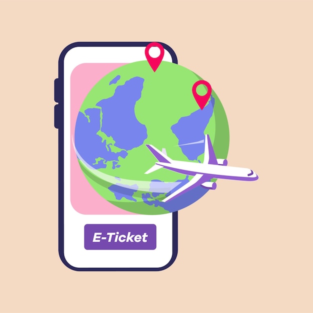 Je kunt met het vliegtuig de wereld rondreizen en tickets kunnen worden gekocht via smartphone Platte vectorillustraties