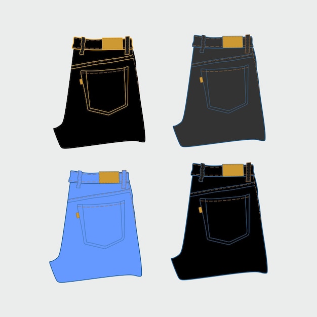 Jeans, vier kleuren zwart, blauw, grijs. De kleding is modieus. broek illustratie.