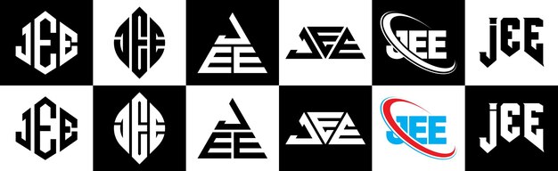 Vettore design del logo della lettera jee in sei stili jee poligono cerchio triangolo esagono stile piatto e semplice con logo della lettera con variazione di colore in bianco e nero impostato in una tavola da disegno logo jee minimalista e classico