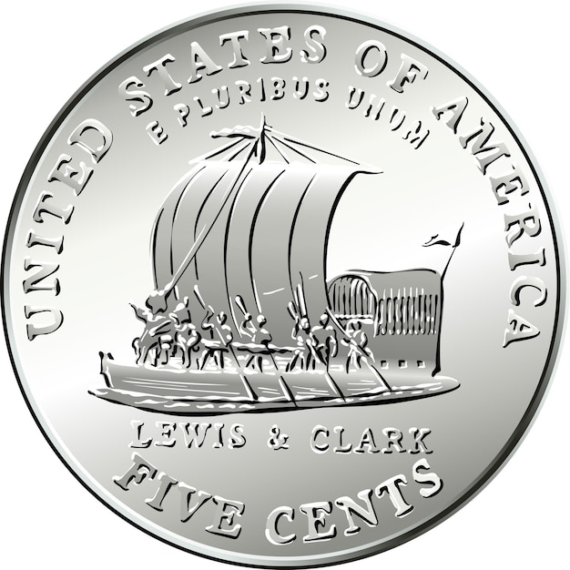 Jefferson nickel american money usa fivecent coin with keelboat of lewis and clark expedition on rev