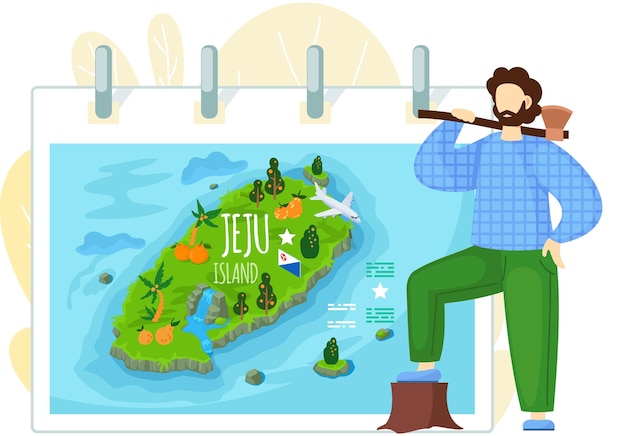 Jeju-eilandkaart in cartoonstijl met de belangrijkste bezienswaardigheden Toeristische bezienswaardigheden Prachtig groen eiland in Zuid-Korea met verschillende Jeju-symbolen Milieubescherming Bijlman naast toeristische ansichtkaart