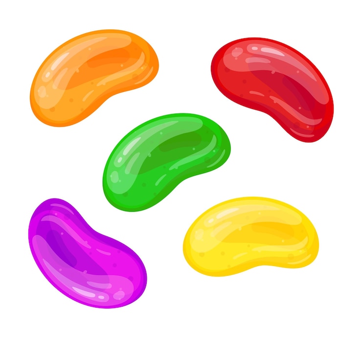 Vector jelly beans cartoon fruity gummies chewy jelly candy sweets with fruit flavor flat vector illustration set gummy chewy jelly beans