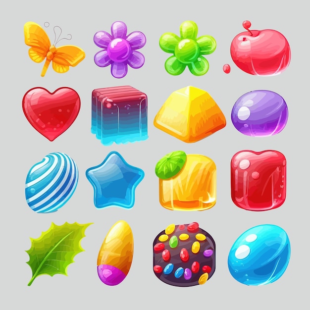 Jelly candies game icons or ui buttons set Isolated on background Cartoon vector illustration