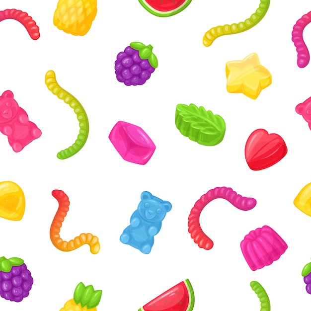 Jelly naadloos patroon gummibeer en wormen marmelade eindeloos ontwerp kauwgel snoep plat vector achtergrond illustratie cartoon jelly snoep eindeloos achtergrond
