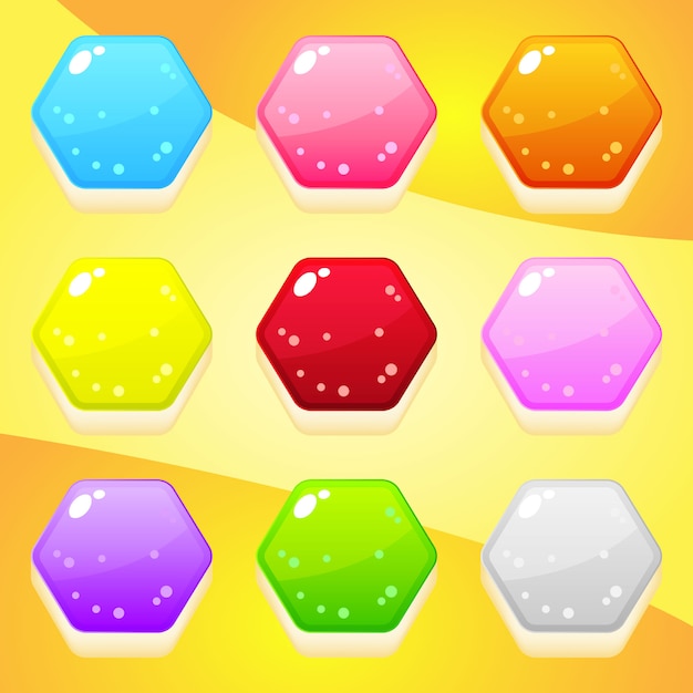 퍼즐 게임을위한 젤리 모양 육각형 9 색.