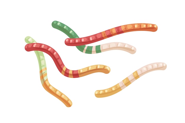 Jelly worms candies. Sweet and sour gummy snakes. Assorted fruit gums composition. Funny gelatin dessert for kids. Yummy Halloween confectionery. Flat vector illustration isolated on white background