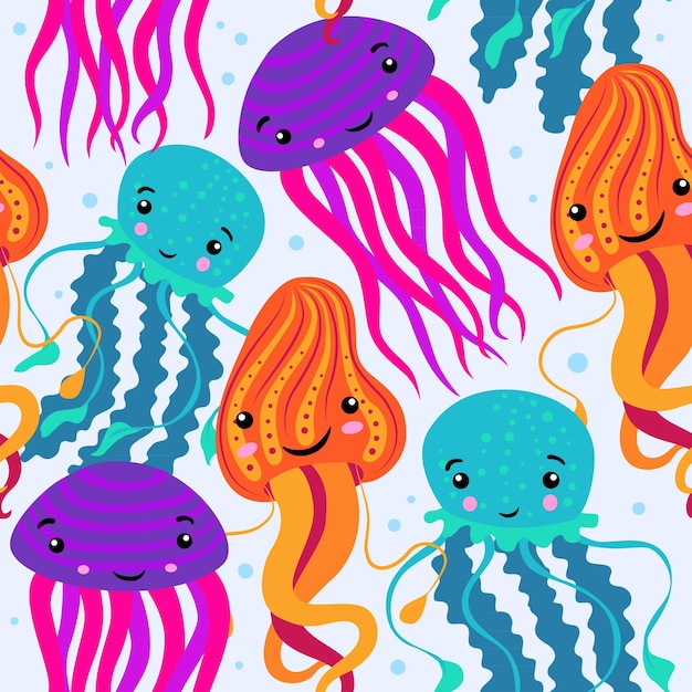 Jellyfish blue purple and orange colors seamless pattern