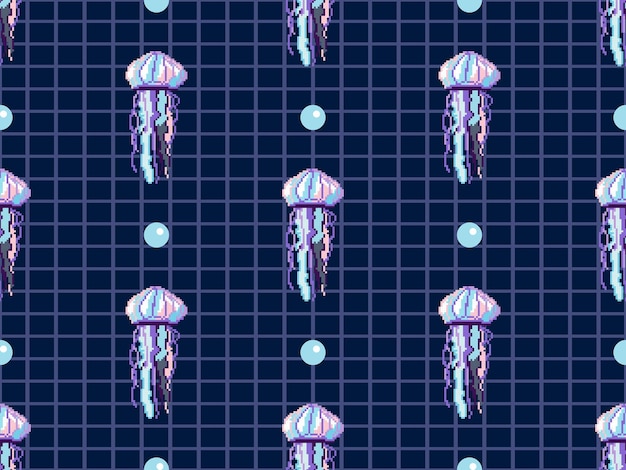 Jellyfish cartoon character seamless pattern on blue background. pixel style