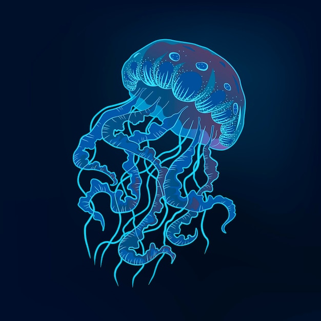 Jellyfish Hand drawn illustration. Marine vector blue underwater world. Vector