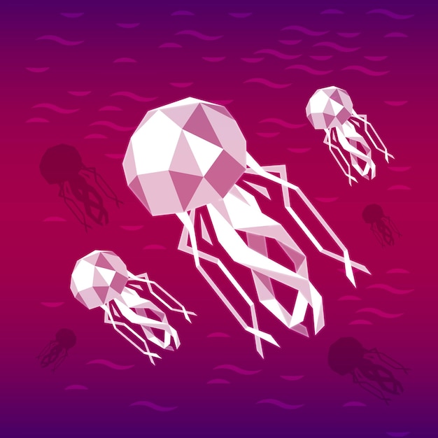 Vector jellyfish in polygonal style on a dark pink background