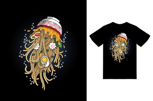 Jellyfish ramen illustration with tshirt design premium vector