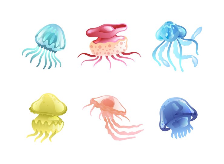 Vector jellyfish and sea jelly as freeswimming marine animal with umbrellashaped bells and trailing