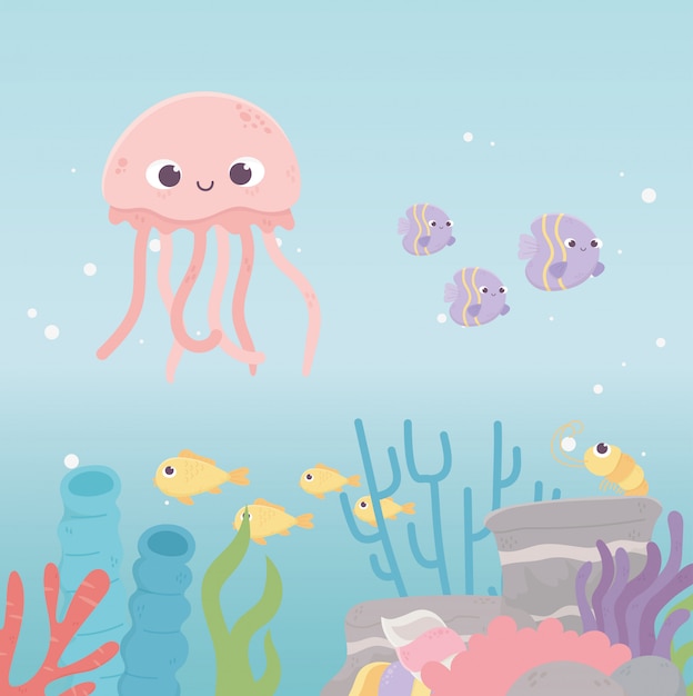 Vettore il gambero delle meduse pesca il fumetto della barriera corallina di vita sotto il mare