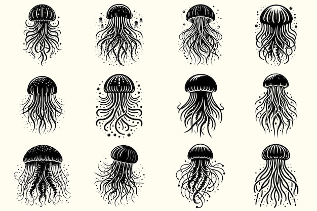 Vector jellyfish silhouette vector illustration set