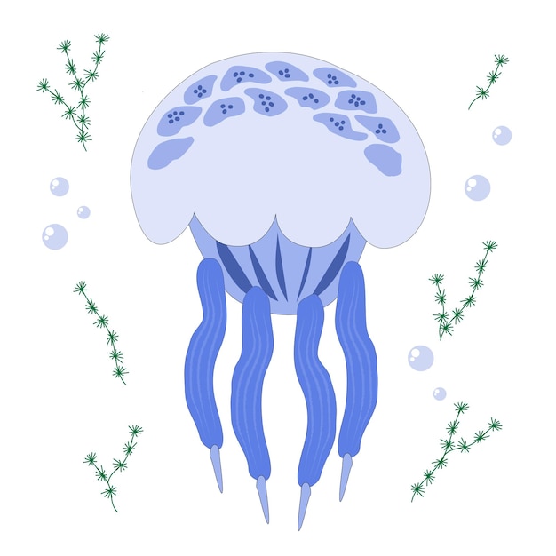 Jellyfish with bubbles and algae on a white background Clipart for logo