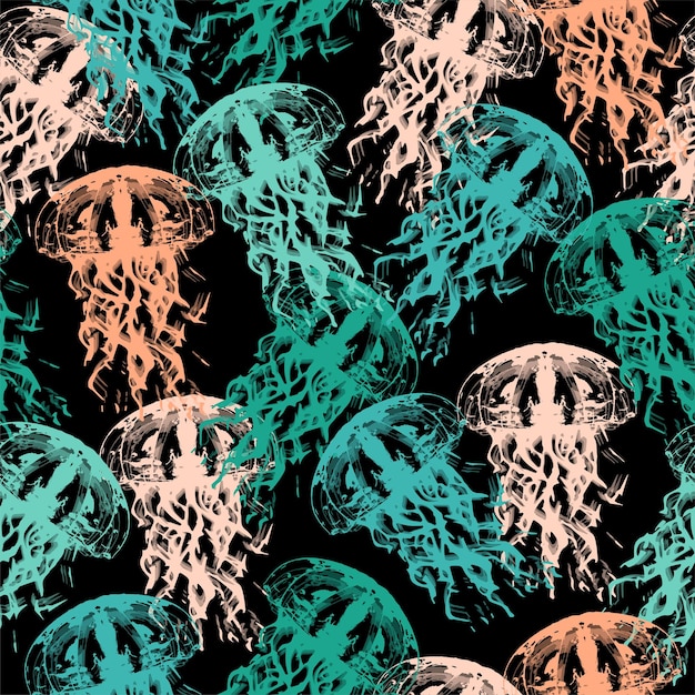 Медузы художественная иллюстрация под водой черный и неоновый