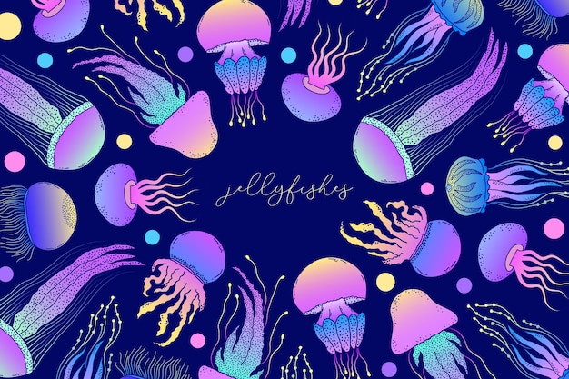 Vector jellyfishes  in hand drawn style  background