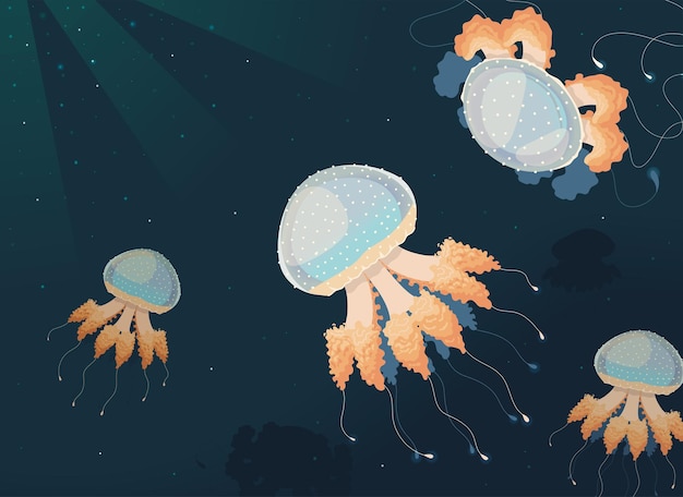 Vector jellyfishes underwater dark