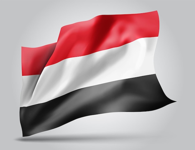 Jemen, vector vlag met golven en bochten zwaaien in de wind op een witte achtergrond.