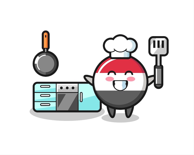 Jemen vlag badge karakter illustratie als een chef-kok kookt, schattig stijlontwerp voor t-shirt, sticker, logo-element