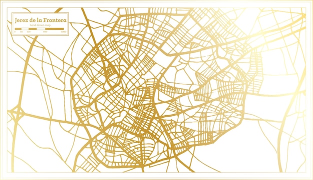 황금 색상 개요 지도에서 복고 스타일의 헤레스 데 라 프론테라 스페인 도시 지도