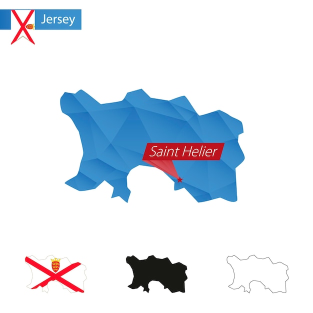 Jersey blauwe low poly kaart met hoofdstad saint helier