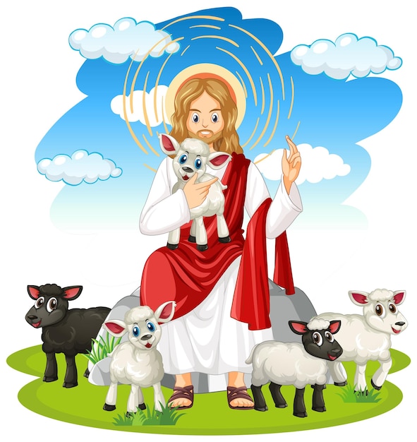 Vector jesus and animals in cartoon style