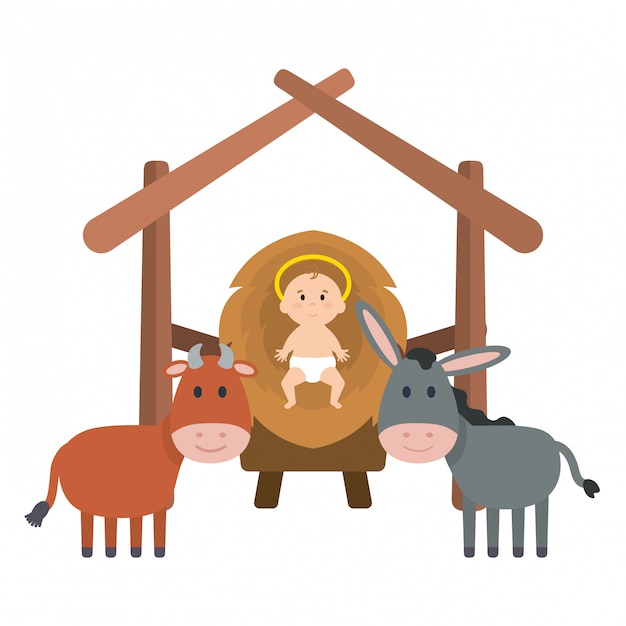 Vector jesus baby in stable with mule and ox