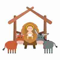 Vector jesus baby in stable with mule and ox