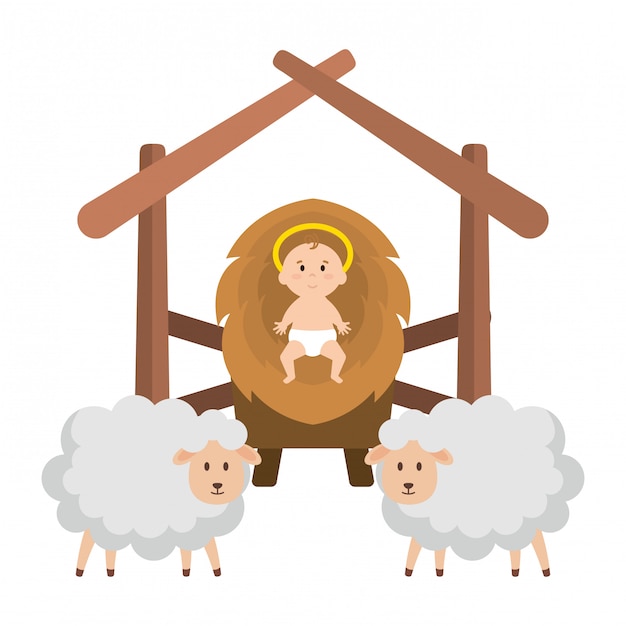 Jesus baby in stable with sheeps