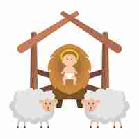 Vector jesus baby in stable with sheeps