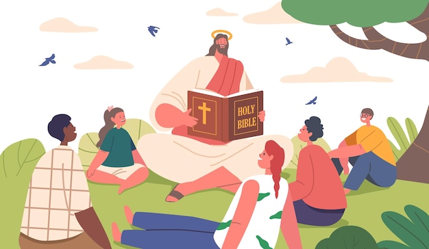 Vettore carattere di gesù che condivide gli insegnamenti della sacra bibbia con i bambini su un'illustrazione vettoriale del campo estivo soleggiato
