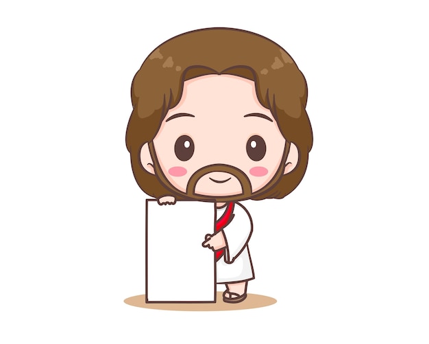 Jesus Christ holding empty board cartoon character. Cute mascot illustration. Isolated white backgro