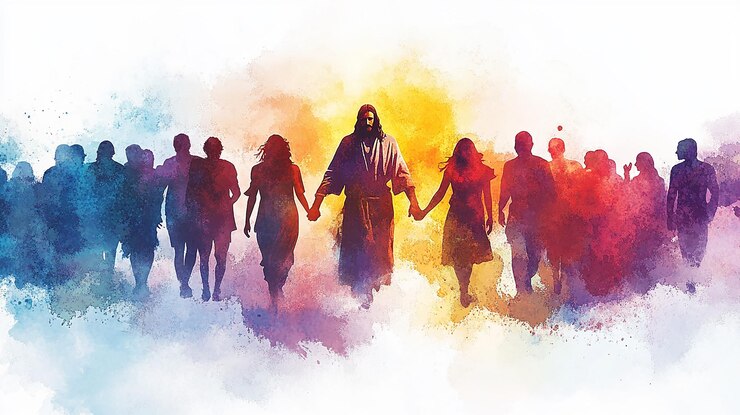 Vector jesus christ holding hands with diverse group of people digital watercolor painting vector illustration