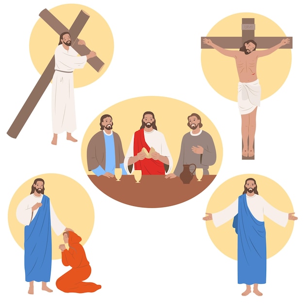 Jesus Christ life flat set isolated on white background vector illustration