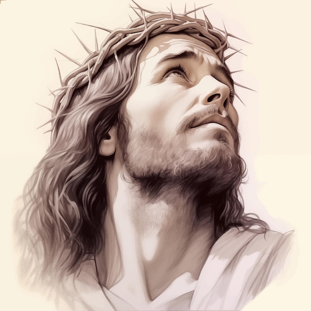 Jesus Christ looks into the sky on beige background