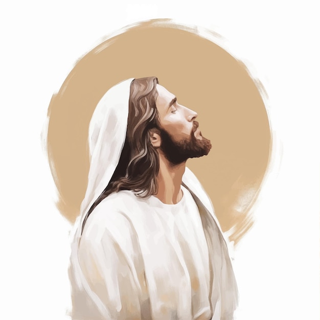 Jesus Christ looks into the sky on beige background