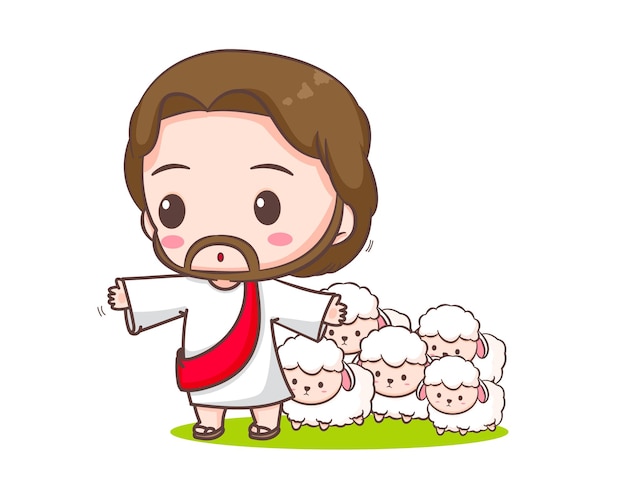 Jesus Christ protects the sheep cartoon character. Cute mascot illustration.