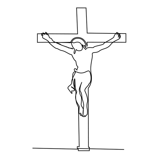 イエス キリストは、聖金曜日の連続単一線と復活祭の日のクロス アウトライン ベクトル アートをスケッチします。