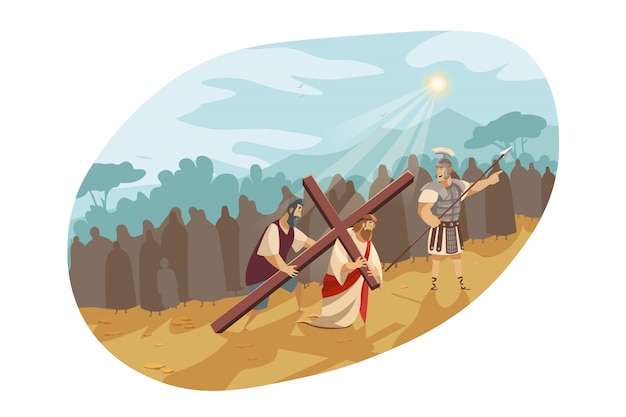 Vector jesus christ on way of cross, bible concept