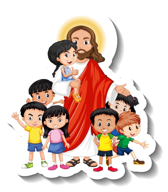 Vettore adesivo di gruppo gesù cristo con bambini su sfondo bianco