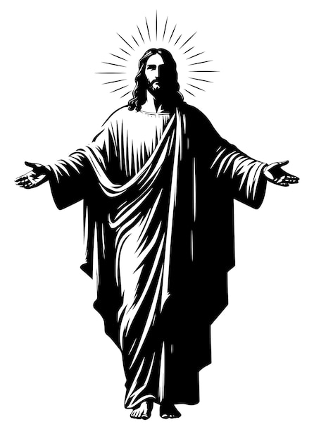 Vector jesus christ with open arms monochrome clip art flat vector illustration